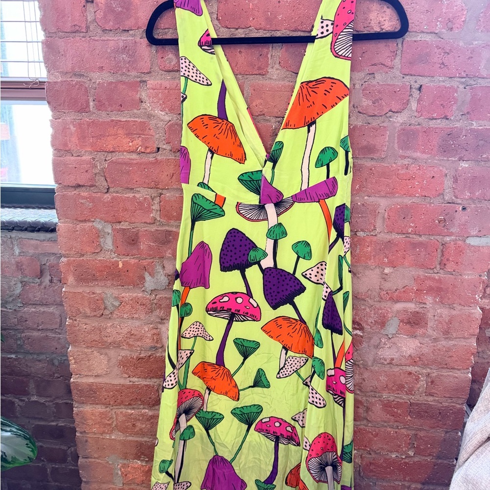 Farm Rio Neon Yellow Mushroom Print Button Front Midi Dress Size XS